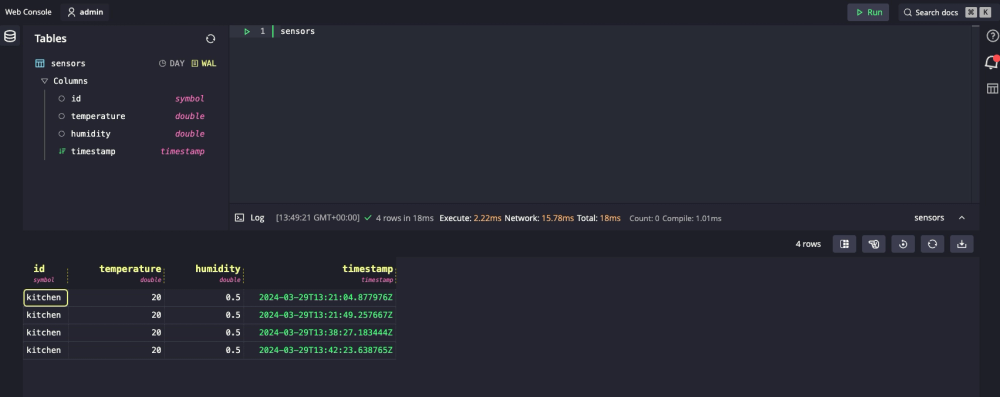 The QuestDB dashboard with data arriving from our sensor.